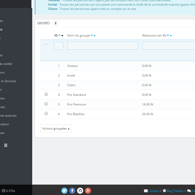 Groupes de clients avec remises sur Distri Concept, Agence Impulsion