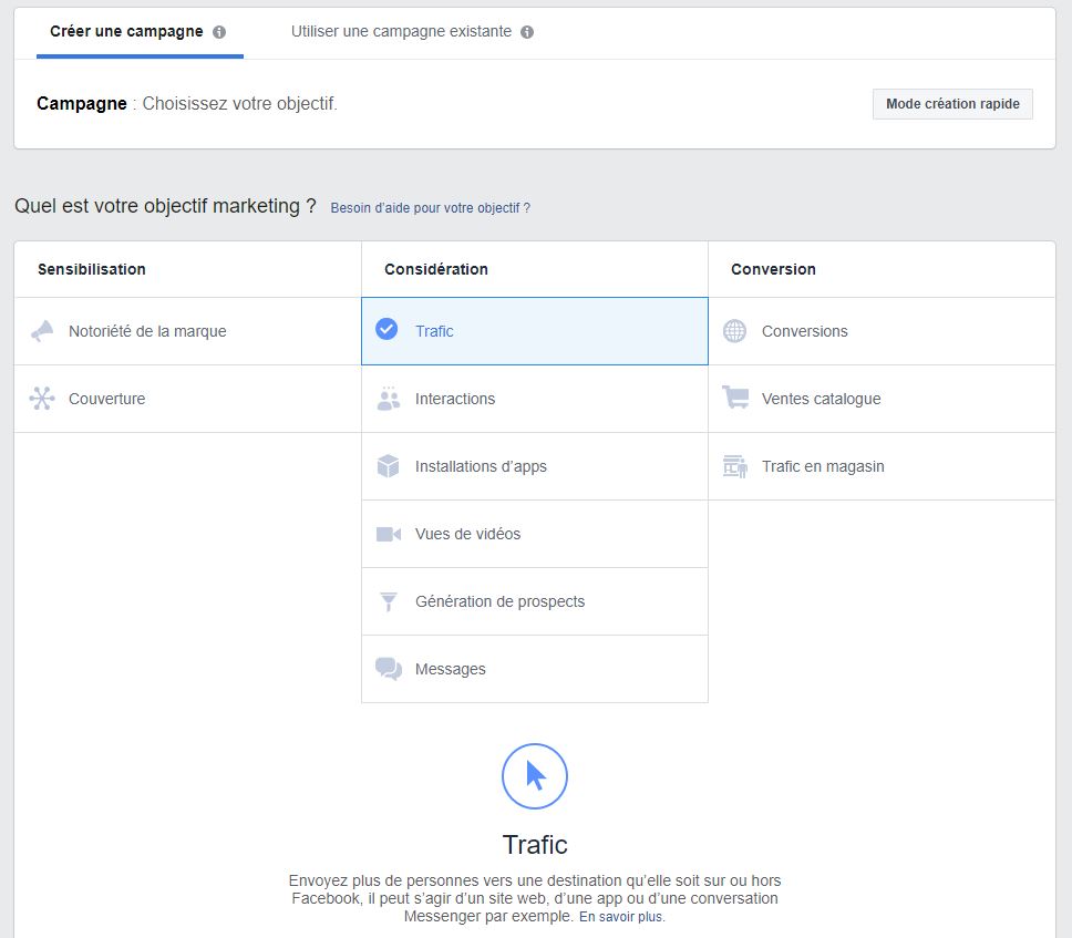 objectif de la campagne de publicités Facebook