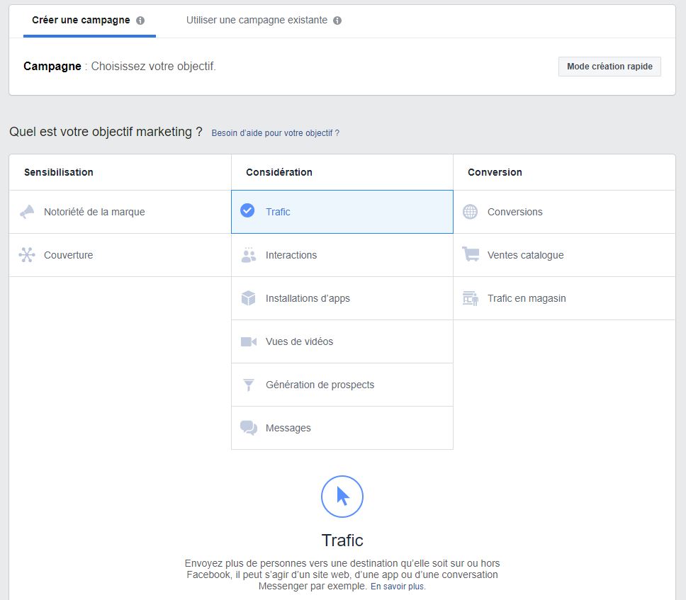 objectif de la campagne de publicités Facebook