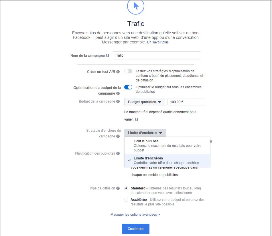 enchères de la campagne de publicités Facebook